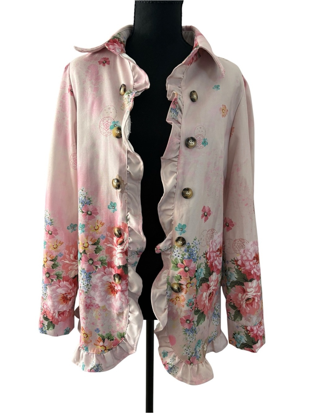 Pink Floral Ruffle-Trim Blazer Jacket